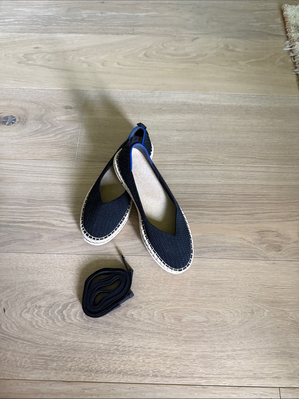 Rothy's Black Espadrille Ballet Flats with Blue Accent